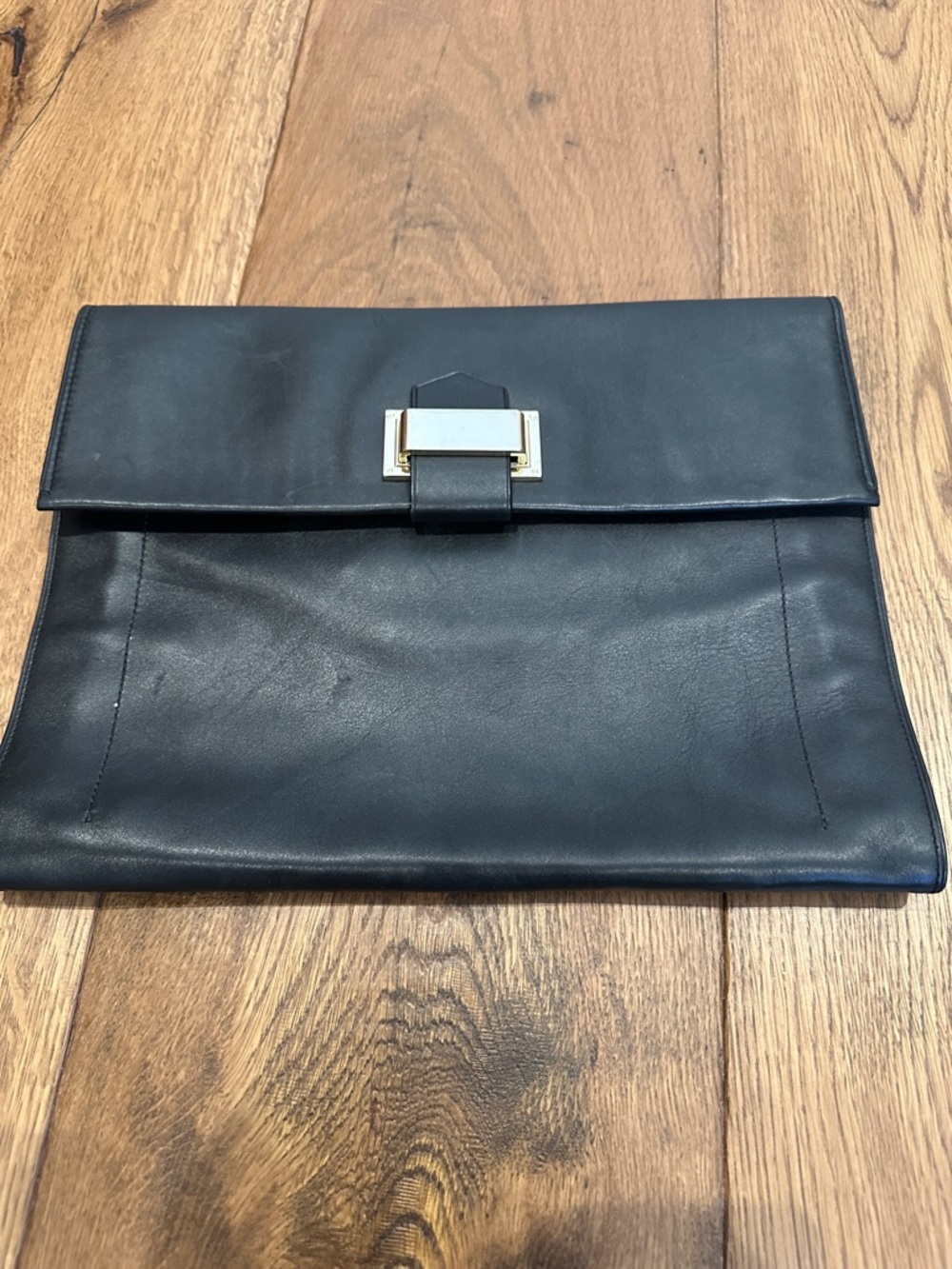 Reed Krakoff Black Leather Envelope Clutch with Silver-Tone Lock